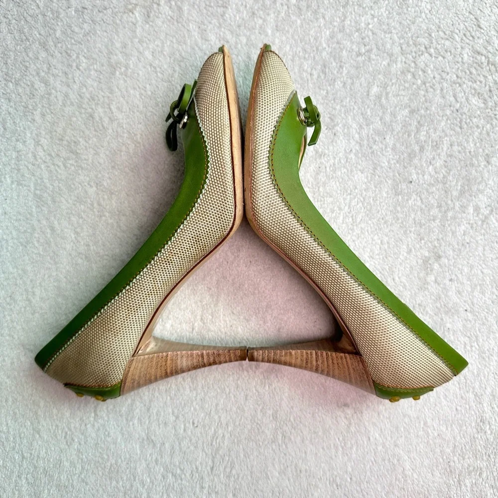 Tod’s Peep‎ Toe Driving Heels Green Canvas Shoes woven Bow 8.5